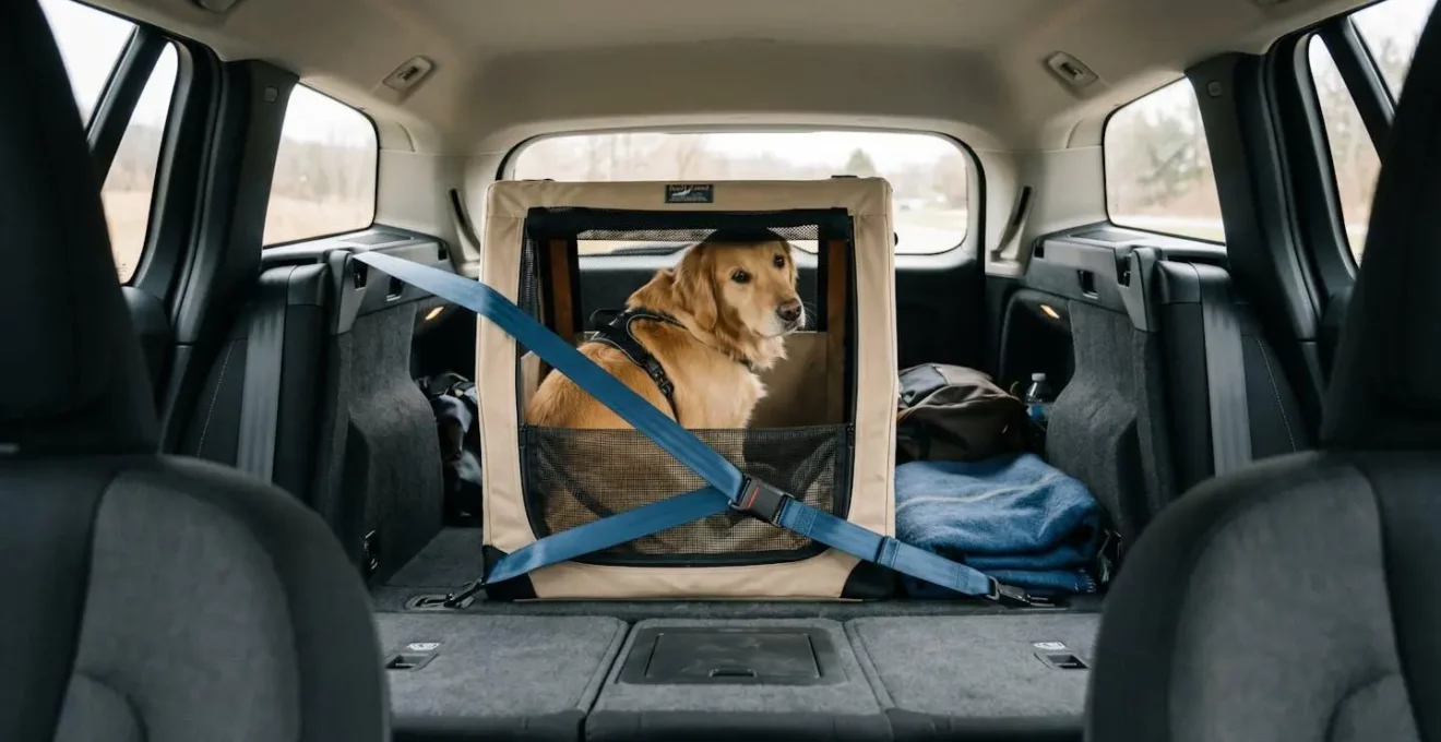 Caisse de transport pour chien installée dans le coffre d'une voiture, avec ceinture de sécurité attachée.
