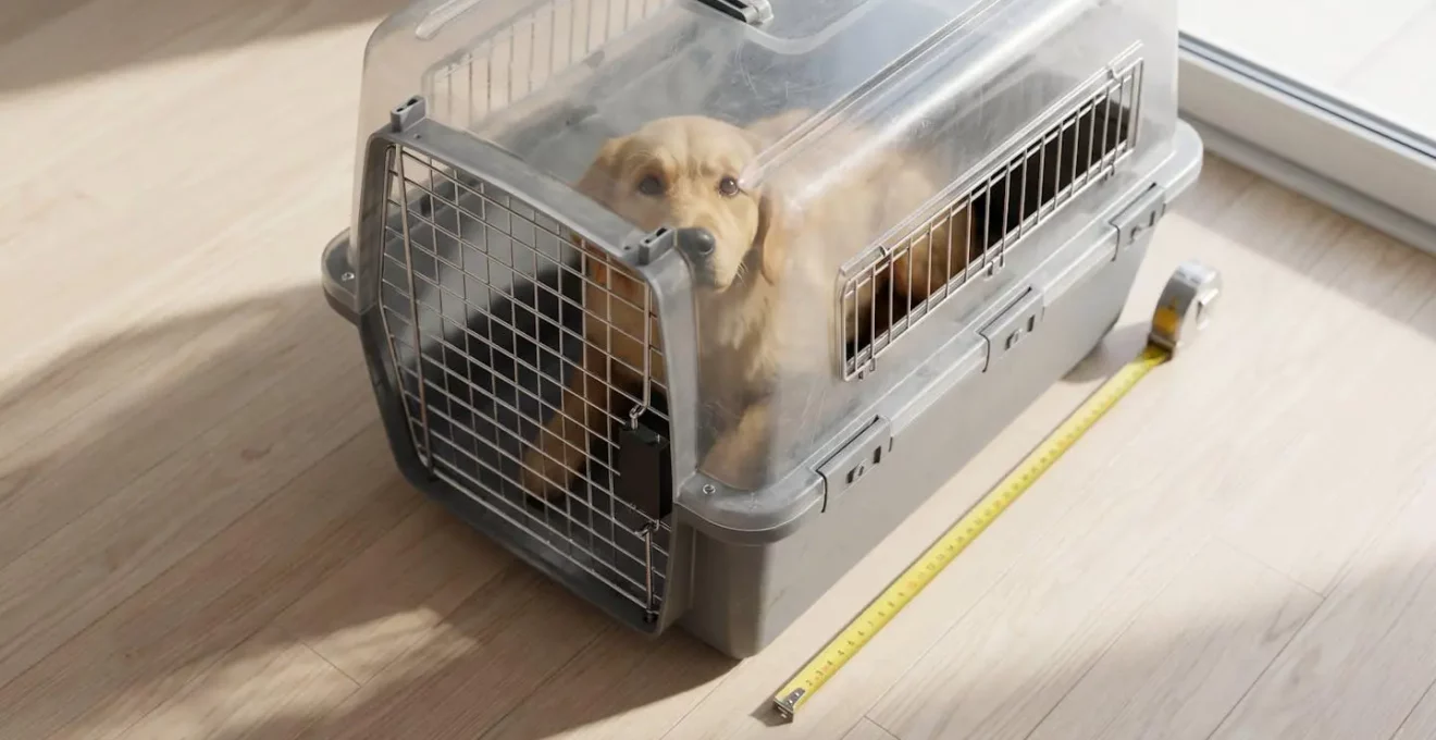 Golden retriever assis dans une caisse de transport avec un mètre ruban à côté, illustrant le choix de la bonne taille.